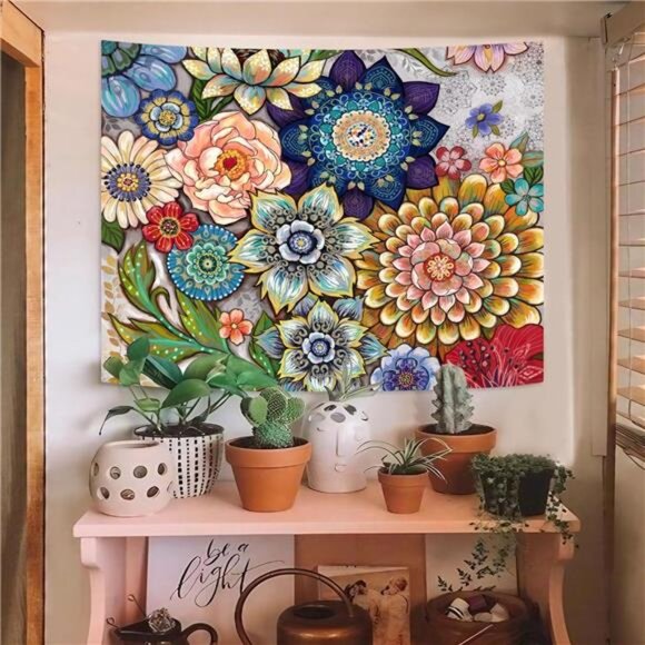 Colorful Floral Tapestry Wall hanging, Bright Boho Fabric Blossom Tapestries - Picture 3 of 8